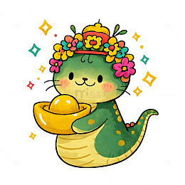 可爱蛇财神插画金元宝满满春节贺图