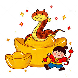 卡通蛇乘元宝插画迎蛇年新春吉祥图