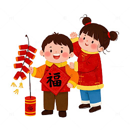 小朋友放鞭炮与灯笼卡通插画新年场景