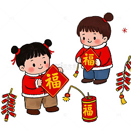 儿童庆祝春节燃放烟花卡通新年画面