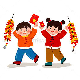 小朋友挂灯笼和放鞭炮卡通插画春节欢庆场景