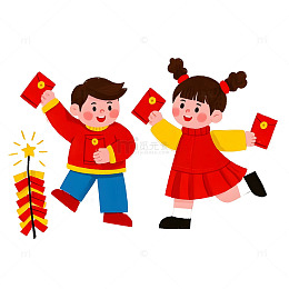 儿童拿红包卡通插画春节幸福开心画面