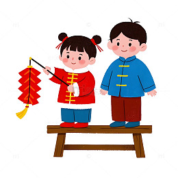 小朋友挂灯笼卡通插画春节庆祝场景