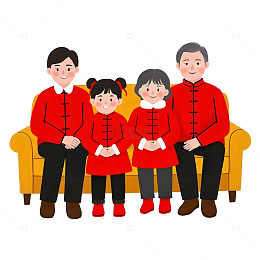 幸福一家四口卡通插画春节团圆喜庆氛围