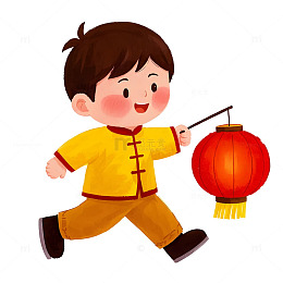 小男孩提灯笼穿黄色服装卡通春节插画