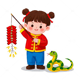 小朋友挂灯笼与蛇卡通插画春节喜庆场景