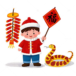 小朋友提灯笼与鞭炮卡通插画春节喜庆场景