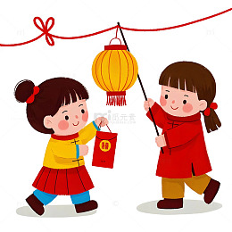 兄妹提灯笼手拉灯串卡通插画春节喜庆氛围
