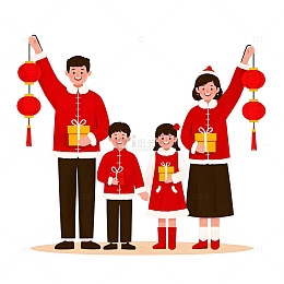 一家人手提红灯笼卡通插画庆祝蛇年春节
