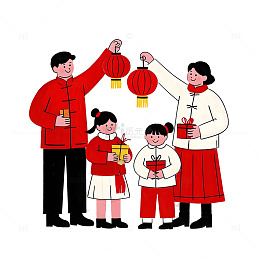 一家人手提红灯笼卡通插画庆蛇年春节