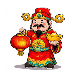 财神爷手提灯笼金元宝卡通插画欢庆春节