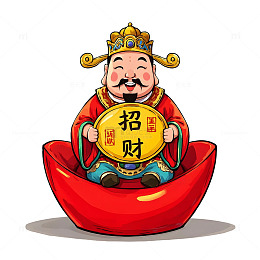 财神爷抱金元宝卡通插画蛇年春节场景