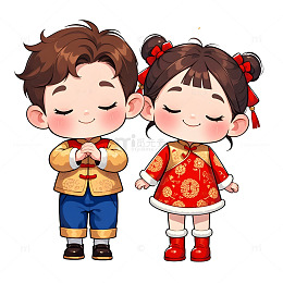 儿童新年拜年鞠躬动作卡通形象设计