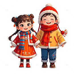 一对卡通儿童穿冬装并肩庆祝春节场景