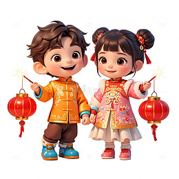 一对卡通儿童手持灯笼欢度春节场景插画