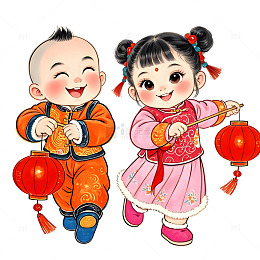 卡通儿童提灯笼拜年欢庆春节温馨插画