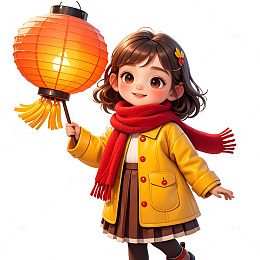 卡通女孩穿冬装提灯笼欢庆春节温馨场景