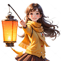 年轻女孩手提灯笼穿冬装迎接春节喜庆场景