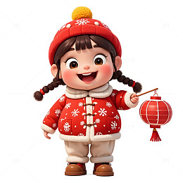 卡通小女孩穿冬装手持灯笼迎接春节场景