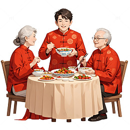 一家人春节团聚围桌用餐欢乐场景插画