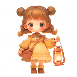 卡通提着煤油灯的女孩