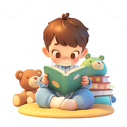 卡通坐着看书的小孩