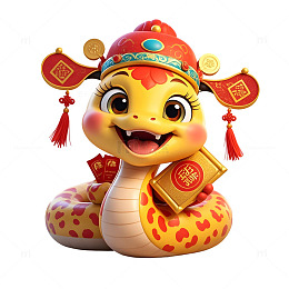 戴红色冠帽微笑的蛇年卡通新年插画