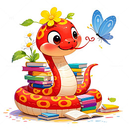 红色蛇与蓝色蝴蝶卡通新年插画