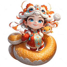 汉服女孩与金色蛇戏曲风新年节庆插画