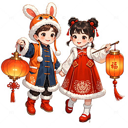 穿红色旗袍的小女孩手持灯笼新年贺岁插图