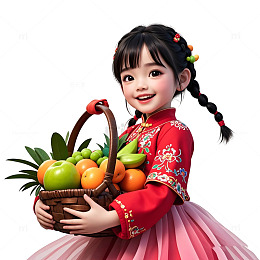 穿红色裙子的小女孩手持果篮微笑新年摄影图