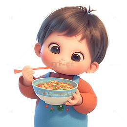 卡通端着碗吃饭的小孩