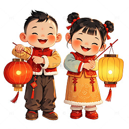 两个儿童开心的提着灯笼