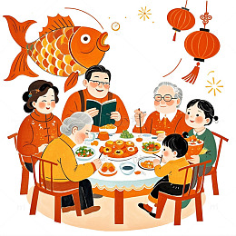 一家人坐在一起吃饭过年了