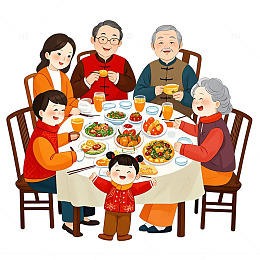 一家人穿着中式服装一起吃年夜饭