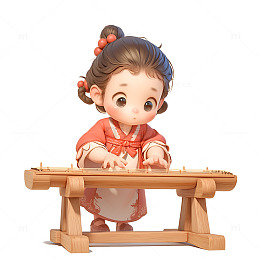 卡通简约弹古筝的小孩