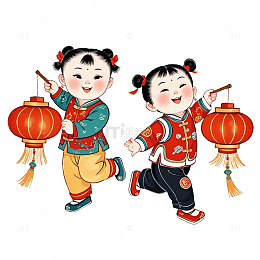 两个年画娃娃开心的拿着灯笼