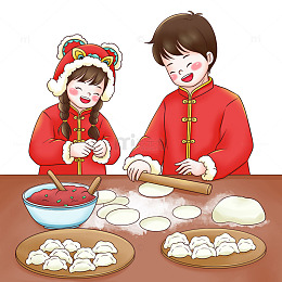 春节除夕包饺子喜庆插画