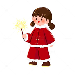 红色喜庆新年放烟花的小女孩
