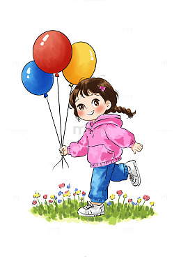 春天拿着气球在花草地玩耍的小女孩手绘卡通