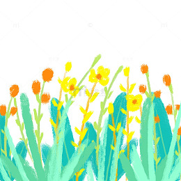 春季多彩鲜花草丛边框涂鸦手绘花丛卡通植物