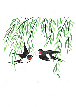 春天绿色柳叶植物枝条柳树燕子国风手绘插画