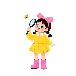 可爱小女孩拿着放大镜探索春天蝴蝶