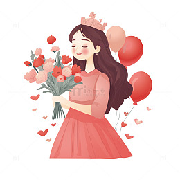 粉红色卡通手捧鲜花的女孩女神节38妇女节