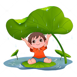 春天男孩户外在荷叶下躲雨免抠元素