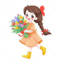 春天手捧鲜花的小女孩