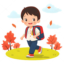小男孩背着书包去上学卡通