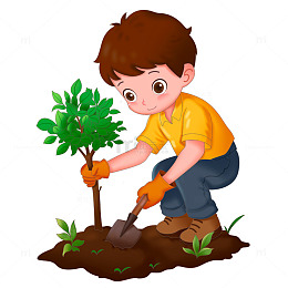 春天男孩在用小铲子种树免抠元素