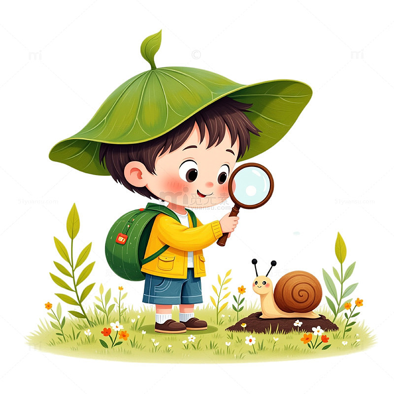 观察蜗牛的可爱男孩惊蛰插画