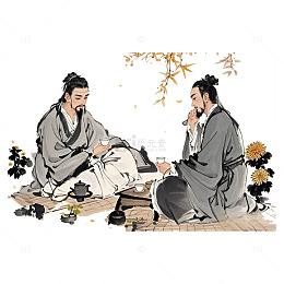 古风古人水墨品茶插画素材